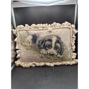Vintage Aubusson style Needlepoint Decorative Resting Dog Throw Pillow w/Tassels